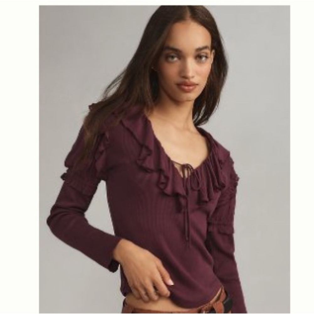 Anthropologie Purple Ruffled Long Sleeve Top New w/tag